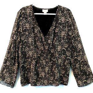 Ann Taylor Blouse Silk Sheer Surplice V-Neck Lined Long Sleeves Black White - XL